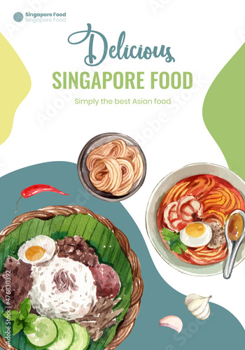 Poster template with Singapore cuisine concept,watercolor style