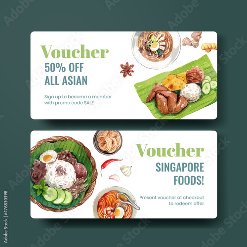 Voucher template with Singapore cuisine concept,watercolor style