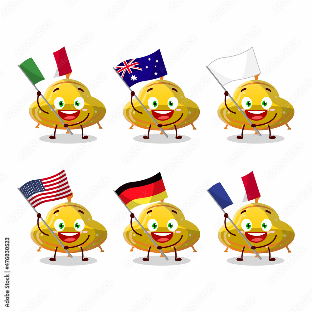UFO yellow gummy candy cartoon character bring the flags of various countries UFO yellow gummy candy cartoon character bring the flags of various countries