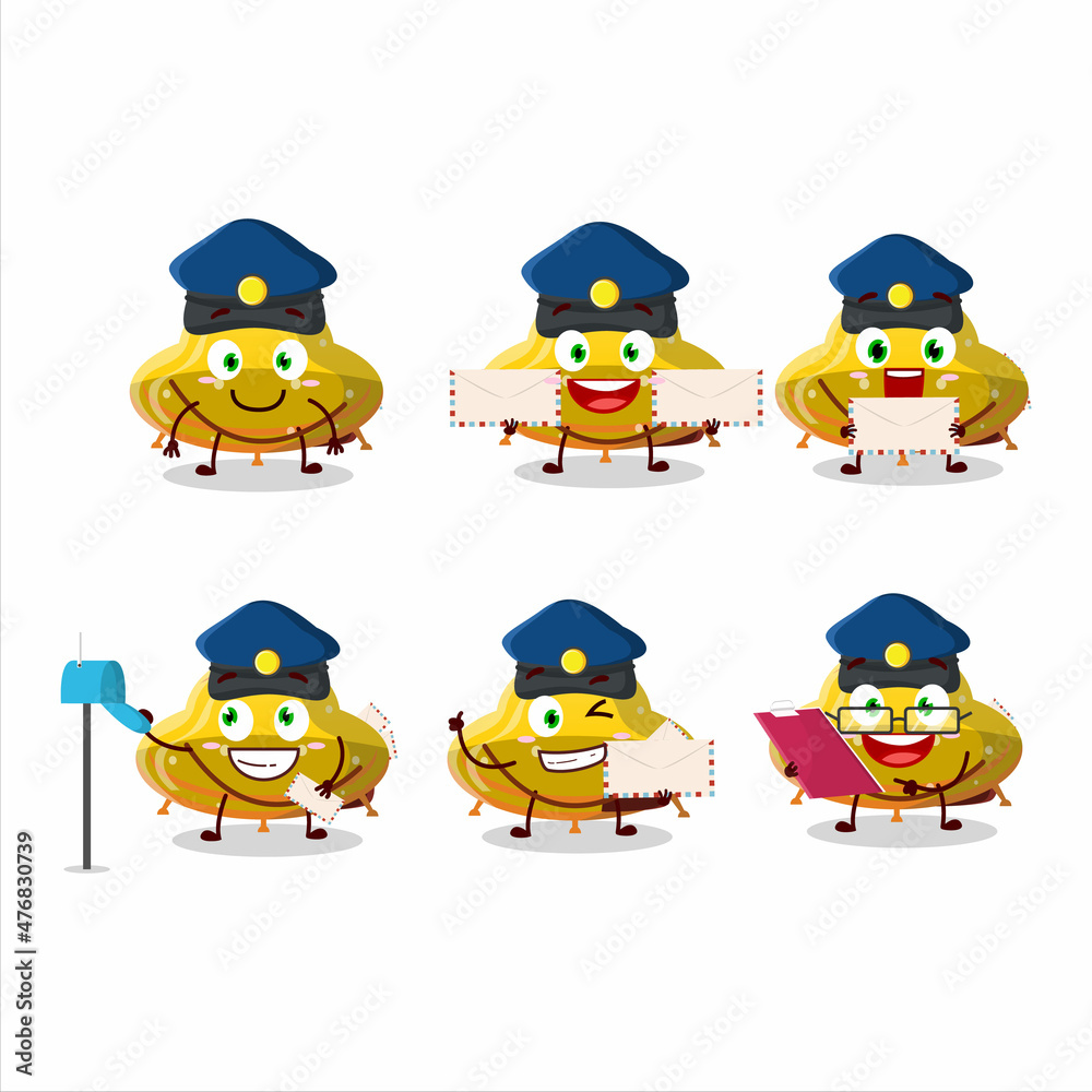 A picture of cheerful UFO yellow gummy candy postman cartoon design concept A picture of cheerful UFO yellow gummy candy postman cartoon design concept