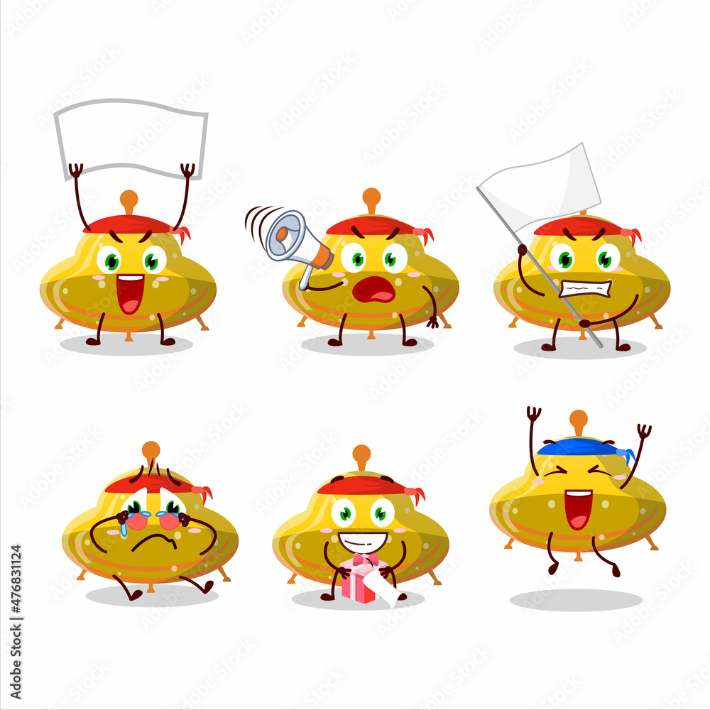 Mascot design style of UFO yellow gummy candy character as an attractive supporter Mascot design style of UFO yellow gummy candy character as an attractive supporter