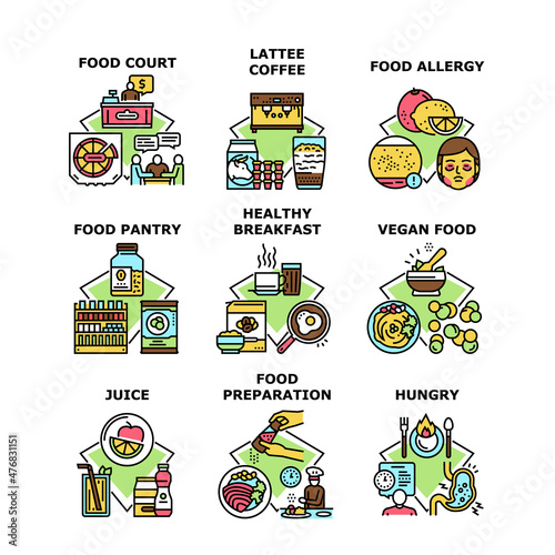Food coffee cup, court cafeteria, breakfast food, allergy, preparation cook, stomach, yellow liquid, pantry box, healthy nutrition set vector concept color illustration