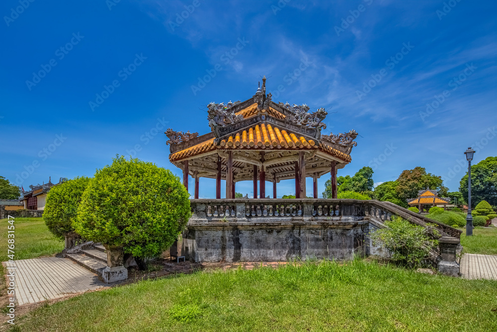 Wonderful view of the Kien Trung palace within the Citadel in Hue, Vietnam. Imperial Royal Palace of Nguyen dynasty in Hue. 