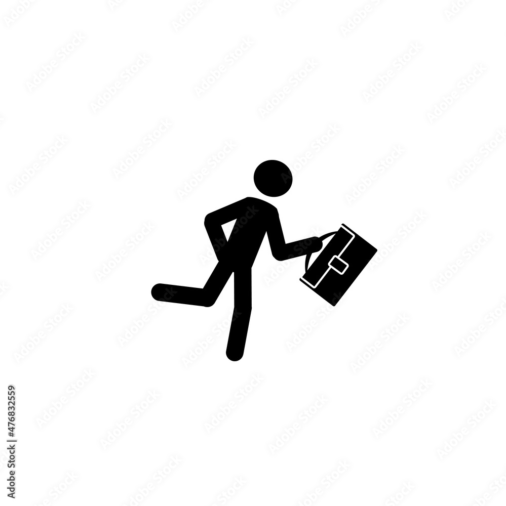 
stick man sketch with briefcase in hand running isolated on white background, pictogram of human figure, business concept