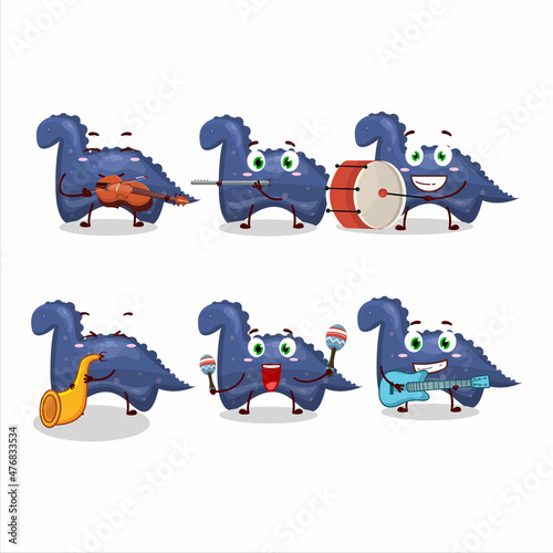 Cartoon character of blue dinosaur gummy candy playing some musical instruments