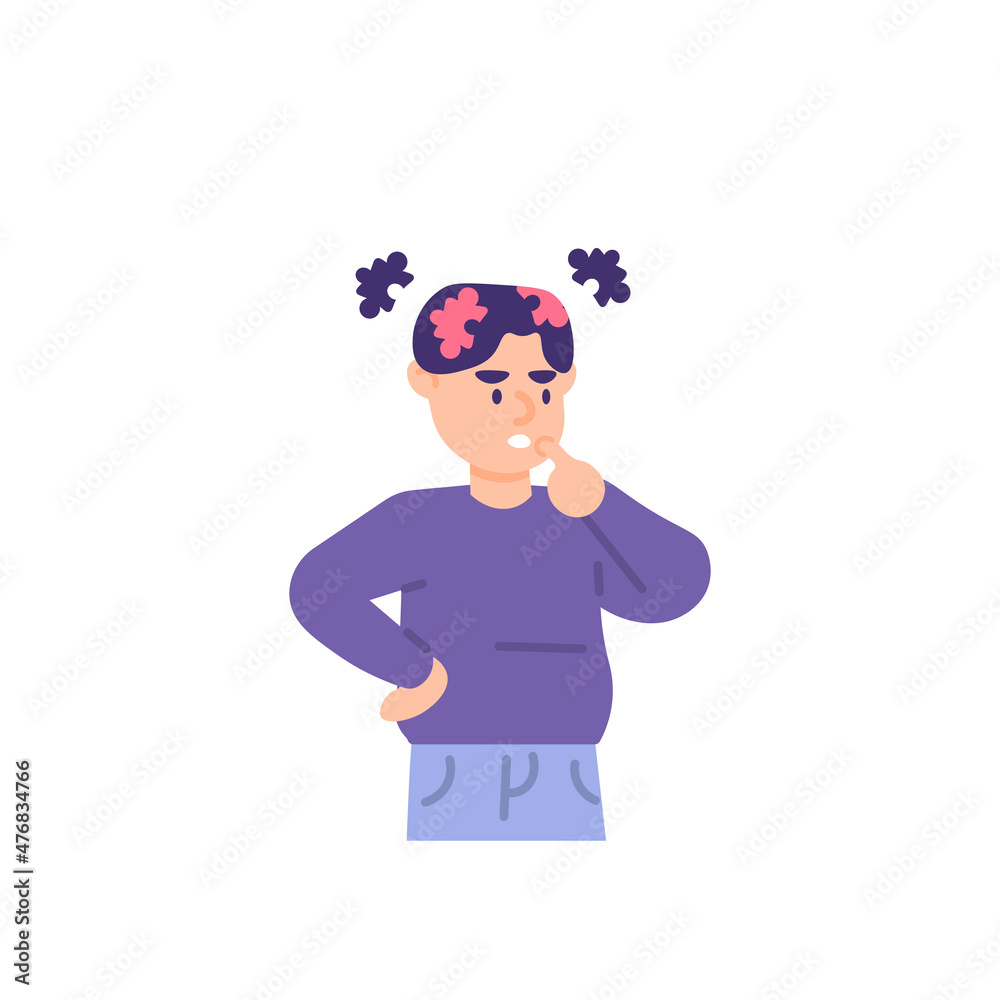illustration of a man thinking about something. connect the puzzle pieces in his mind. trying to find a solution or solve a problem. solve puzzles. flat cartoon style. vector design illustration of a man thinking about something. connect the puzzle pieces in his mind. trying to find a solution or solve a problem. solve puzzles. flat cartoon style. vector design
