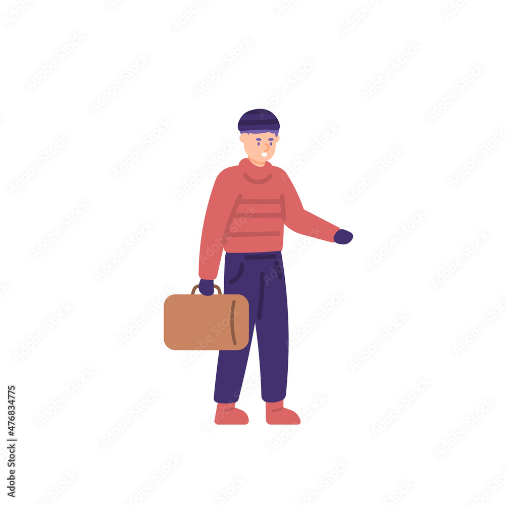 illustration of a man walking to work in winter. winter clothes. people activity. workers or employees. flat cartoon style. vector design