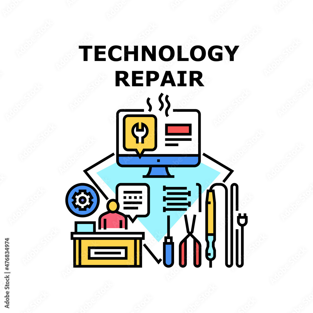 Technology repair fix service. Support tool. Technical computer. Device setting. Application setup vector concept color illustration