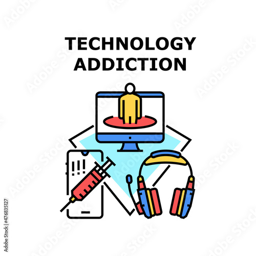 Technology addiction phone. Social smartphone internet gadget. Teenager game addict vector concept color illustration