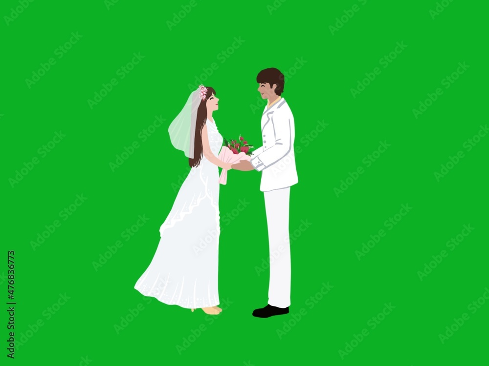 Fototapeta premium Marriage of a couple wearing a white wedding dress on a green background. Illustration made from tablets about love and starting a married life.