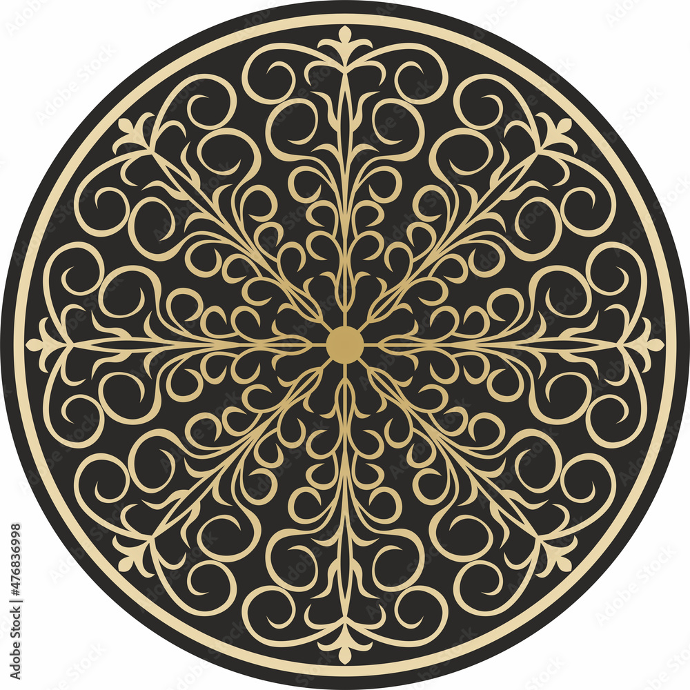 Vector gold round ornament on the black backgraund. Gold circle from the pattern. Vector gold round ornament on the black backgraund. Gold circle from the pattern.