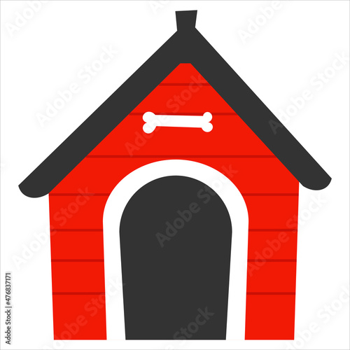 Colorful red dog house in cartoon style with bone symbol isolated on white background for children books design