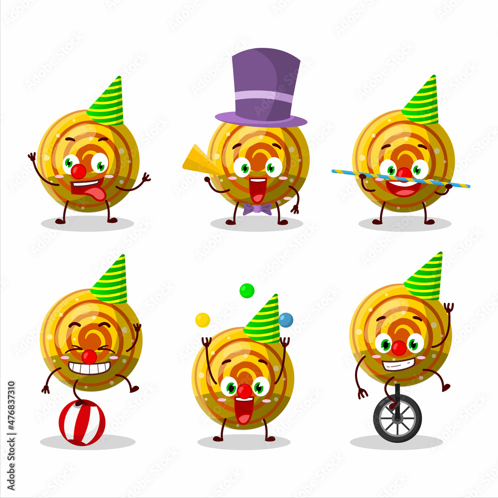 Cartoon character of yellow spiral gummy candy with various circus shows