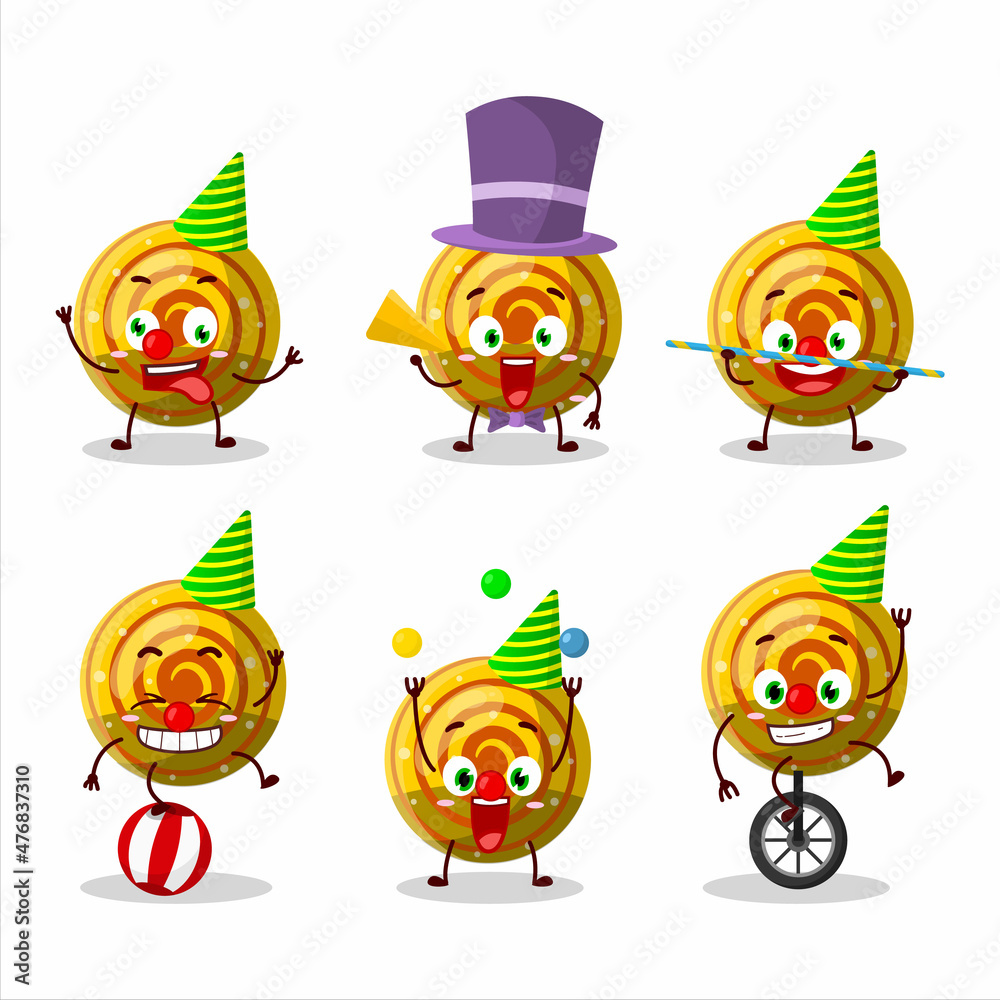 Cartoon character of yellow spiral gummy candy with various circus shows Cartoon character of yellow spiral gummy candy with various circus shows