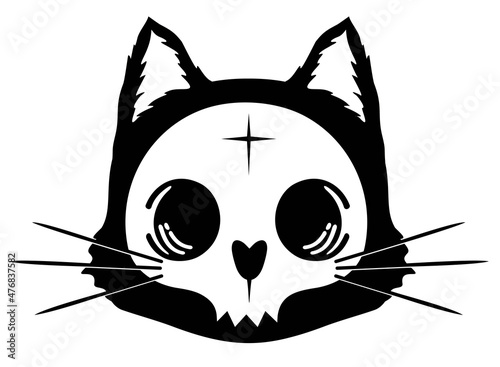 Skull of a cat. A tool for the ritual. Cat head silhouette with skull. Cute cat skull. Occult witchcraft. Halloween and Day of the dead clipart.