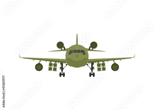 Military plane front view. Green fighter with rocket launchers.