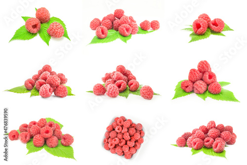 Collage of ripe red raspberries close-up isolated on white background
