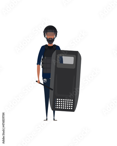 Special Law Enforcement Unit, man of Specialized Tactical Team, dressed in Army Combat Uniform and holding automatic firearm. Cartoon style.