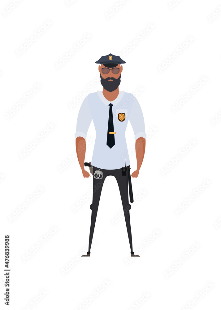 Police officer in uniform standing in front view. Profession people concept. Job at police station. Vector