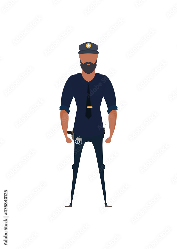 Police officer in uniform standing in front view. Profession people concept. Job at police station. Vector Police officer in uniform standing in front view. Profession people concept. Job at police station. Vector