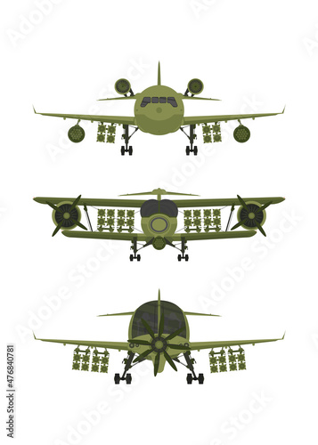 Set Fighter, military aircraft with missiles on board. Illustration isolated on white background.