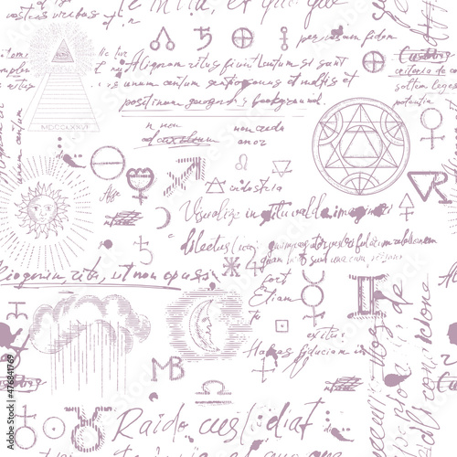 Seamless esoteric pattern. Alchemy, magic, witchcraft and mysticism are esoteric symbols. Background from a manuscript with occult sketches and careless handwritten text in retro style