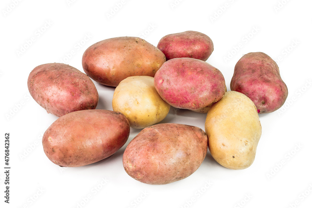 Red, pink and white Potato tubers on white background Red, pink and white Potato tubers on white background