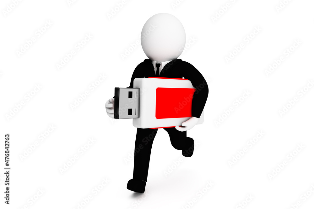 3D Man is Running with A Flash Drive Against White
