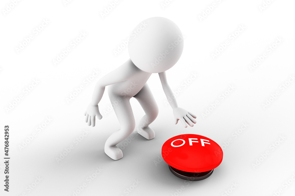 3D Man is Pushing Red Off Button Against White 3D Man is Pushing Red Off Button Against White