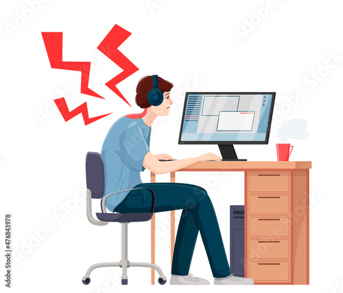 A man sits at a computer at work in an uncomfortable position. Vector illustration isolated on white background. Backache. Symptoms of the office syndrome. Caring for the health of employees.