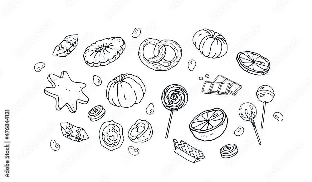 Confectionery. New Year's sweets set. Ginger cookies, Chocolate, candy, caramel, hard candies. Vector illustration isolated element on a white background. 