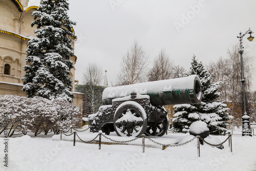 Tsar Cannon on Ivanovskaya Square in the Moscow Kremlin. A masterpiece of heavy fortress artillery, a monument of Russian foundry art. Winter, Moscow, Russia