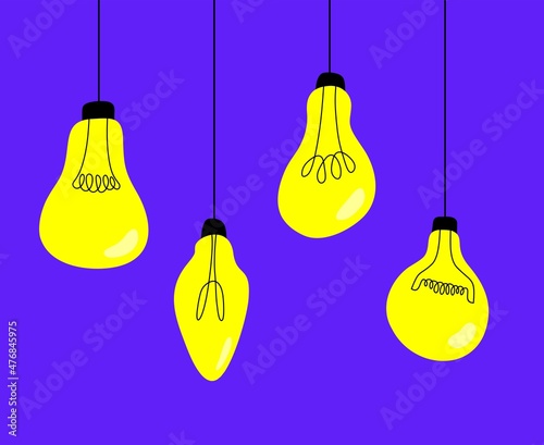 Set of hand drawn yellow light bulbs of different shapes