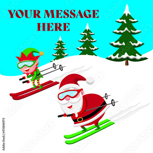 Cute cartoon illustration of Santa Claus and elf skiing