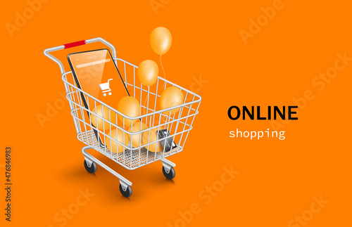 smartphone,credit card and balloons are floating and all object in shopping cart for delivery and online shopping concept design,vector 3d virtual on orange background for advertising