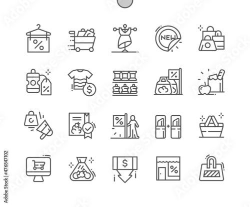 Retail. New product. Candy in bag. Product with discount. Store, shop and marketing. Pixel Perfect Vector Thin Line Icons. Simple Minimal Pictogram photo