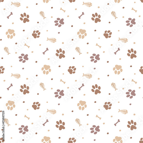 Paw, fish bone, bone pattern. Cute color design. Modern print.