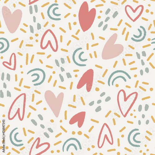Valentine's Day seamless pattern. Trendy flat hand drawn hearts and decorative love elements.