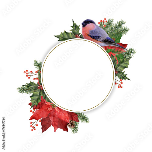 Round frame with coniferous branches, poinsettia, bullfinch bird for greetings, announcements, invitations in Christmas and New Year themes. Hand-drawn with colored pencils.