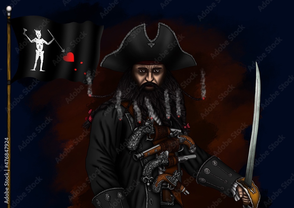 Edward Teach - Blackbeard. A desperately brave and extremely brutal pirate of all time. Personal flag of a dangerous pirate, saber, smoking beard. Edward Teach - Blackbeard. A desperately brave and extremely brutal pirate of all time. Personal flag of a dangerous pirate, saber, smoking beard.