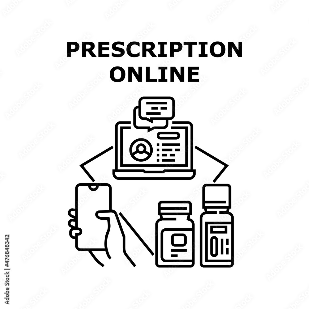 Prescription online medical doctor. Pharmacy health. Digital medicine. Phone app. Mobile patient diagnosis vector concept black illustration