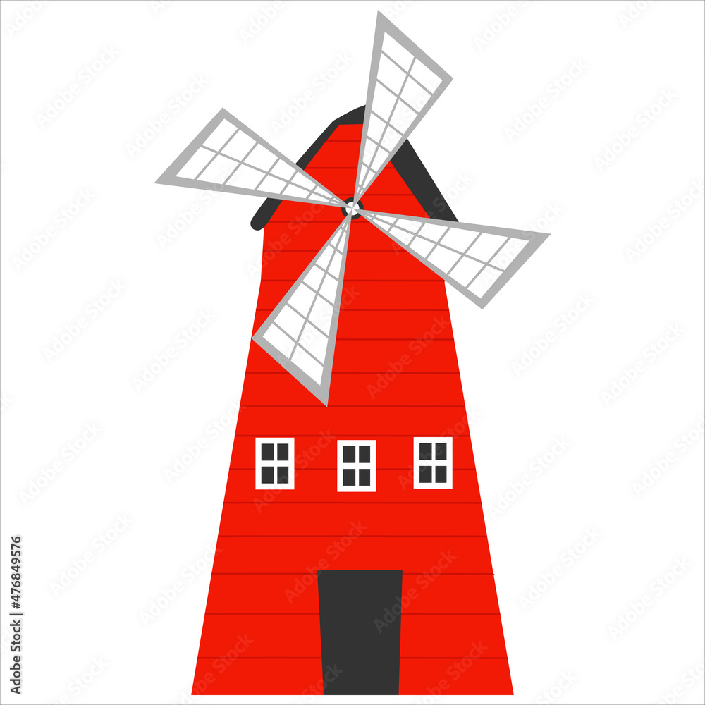 Red windmill in cartoon style isolated on white background, farm animal, rural lifestile concept for children books