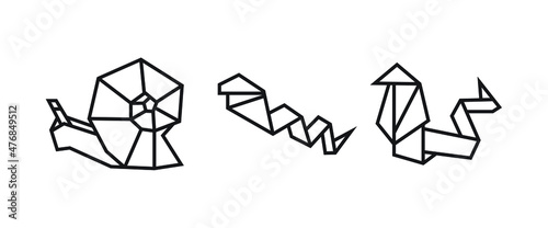 origami style illustration of snail and snakes. abstract geometric outline drawing for icon, logo, element, etc. uncolored vector element design.