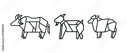 origami style illustration of farm animals. abstract geometric outline drawing for icon, logo, element, etc. uncolored vector element design.