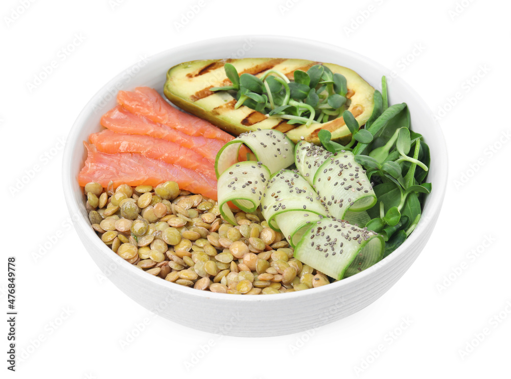 Delicious lentil bowl with salmon, avocado and cucumber on white background Delicious lentil bowl with salmon, avocado and cucumber on white background
