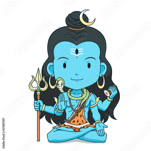 Cartoon character of Lord Shiva sitting in lotus pose. Maha Shivaratri festival.