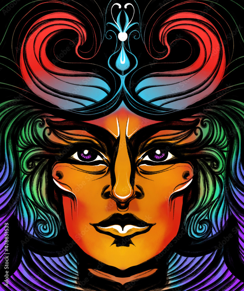 Fototapeta colorful hand drawn demon witch portrait illustration. Portrait of a woman with horns