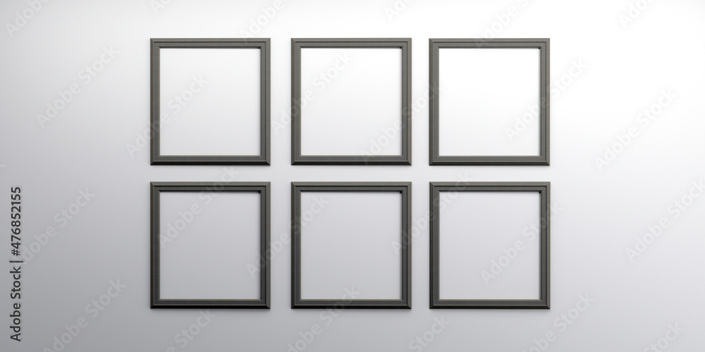Photo frames isolated on the white wall, Creative mood board mockup template in living room interior, realistic square black frames mockup, vector set. empty framing for your design.3d rendering Photo frames isolated on the white wall, Creative mood board mockup template in living room interior, realistic square black frames mockup, vector set. empty framing for your design.3d rendering