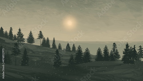 Empty rural landscape illustration. Canadian wilderness.