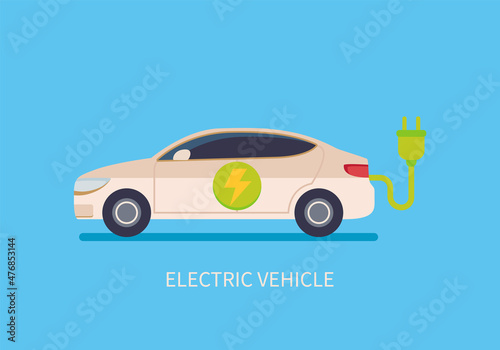 Electric car with plug, green electricity energy consumption. EV car, Eco friendly vehicle concept, hybrid vehicles ready to charging. Template design for electric station. Vector illustration. photo
